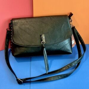 SAM & HADLEY Faux Leather Flap Shoulder Bag/Black & Studded - NWT